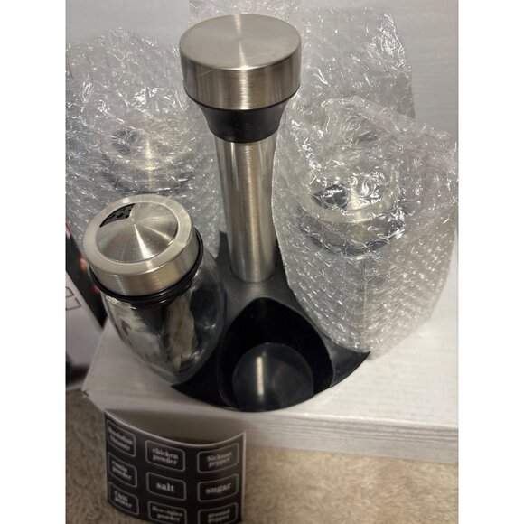 7 Piece Glass & Stainless Steel Spice Jar Set With Rotating Rack & Labels - Picture 6 of 9